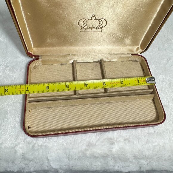 Vintage Red Leatherette Jewelry Box Red With Gold Crowns Horse Heads And Swords - Picture 5 of 7